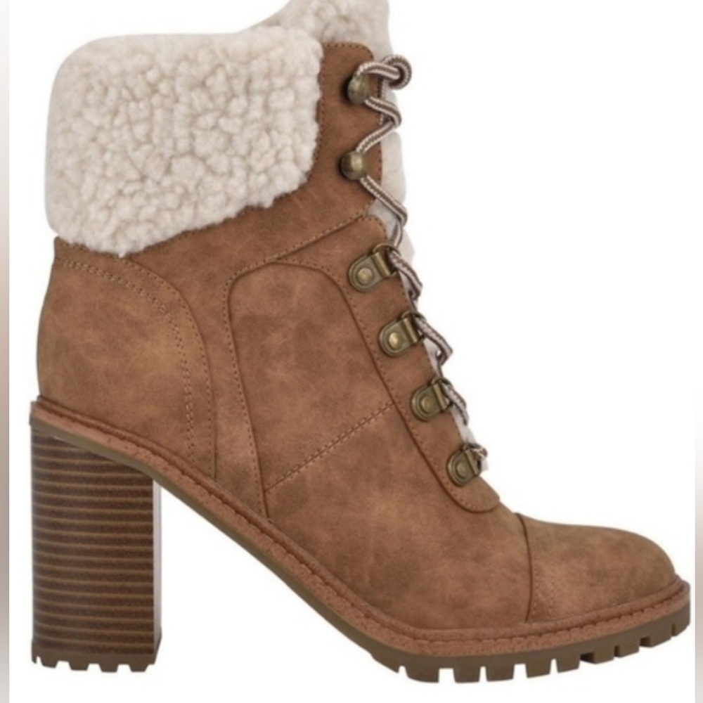 Nine West Boots Penni Women's 9 Tan Chunky Heel Sherpa Accent Preppy